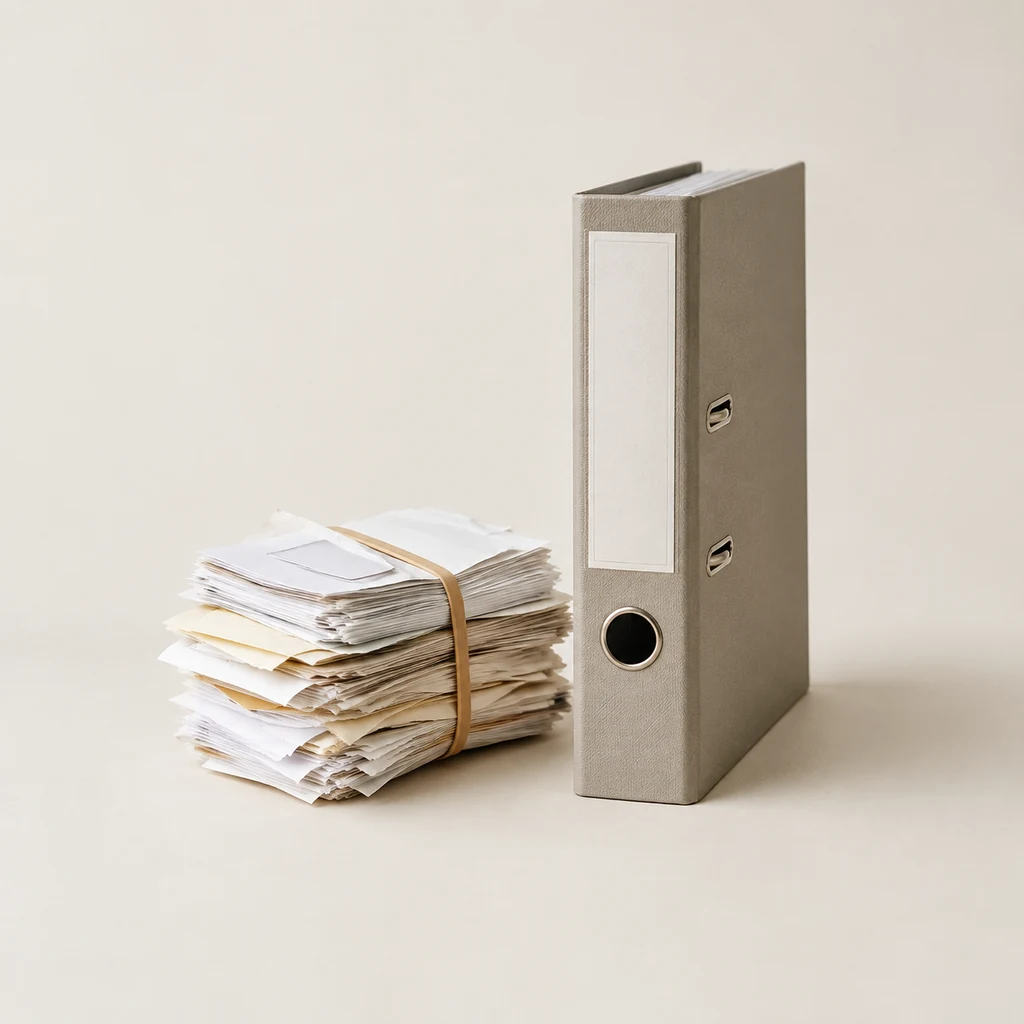 A banded bundle of receipts and paper slips beside an upright ring binder
