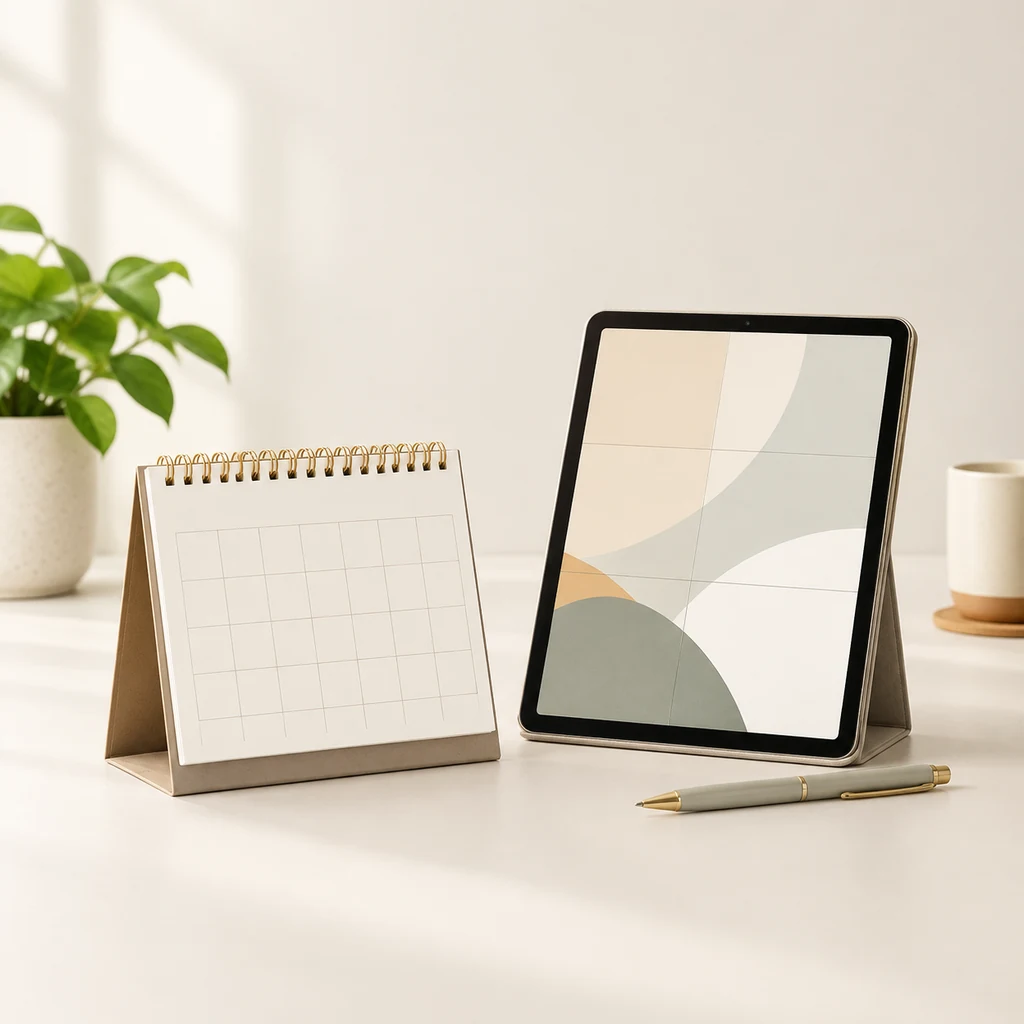 A desk calendar stand and a tablet propped upright beside a pen