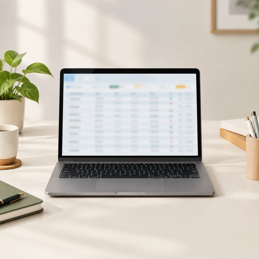 An open laptop showing a softly blurred table of rows