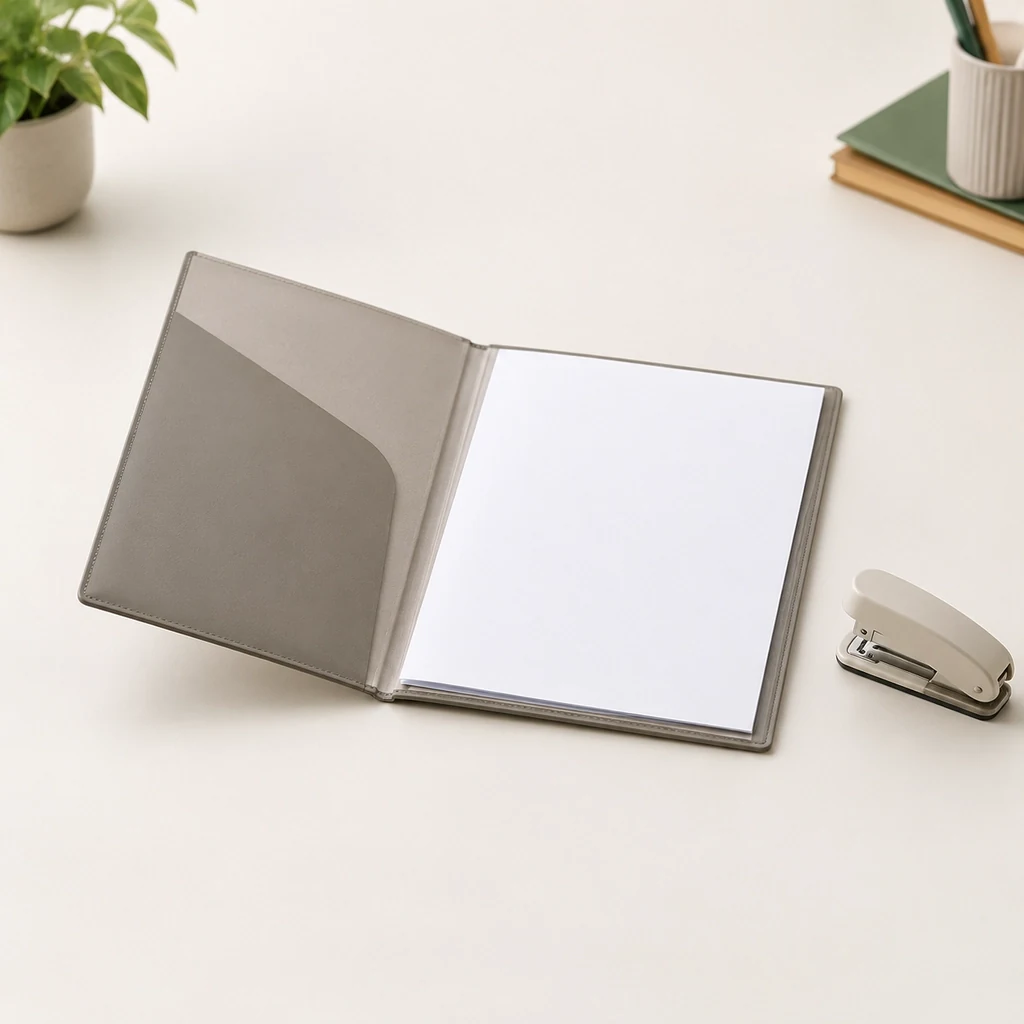 An open document wallet with blank sheets inside and a stapler beside it
