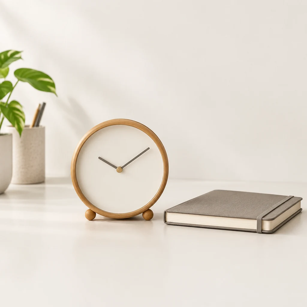 A round desk clock with a plain face next to a closed notebook