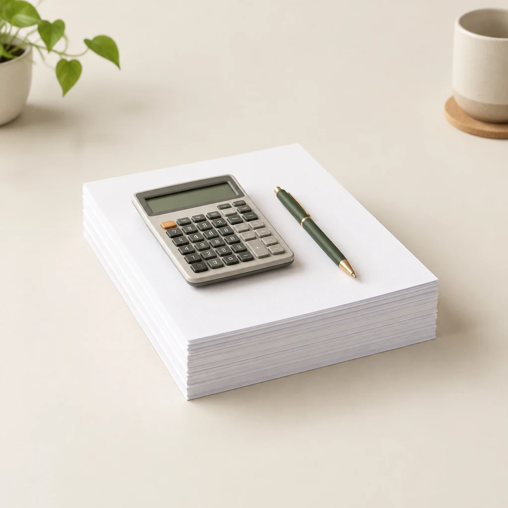 A stack of blank invoice-sized sheets with a calculator and a pen