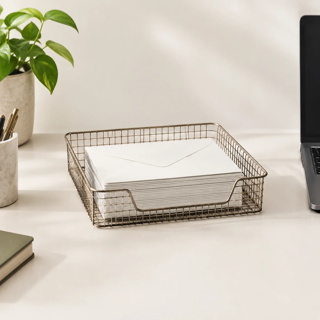 A wire desk tray holding a tidy pile of plain envelopes