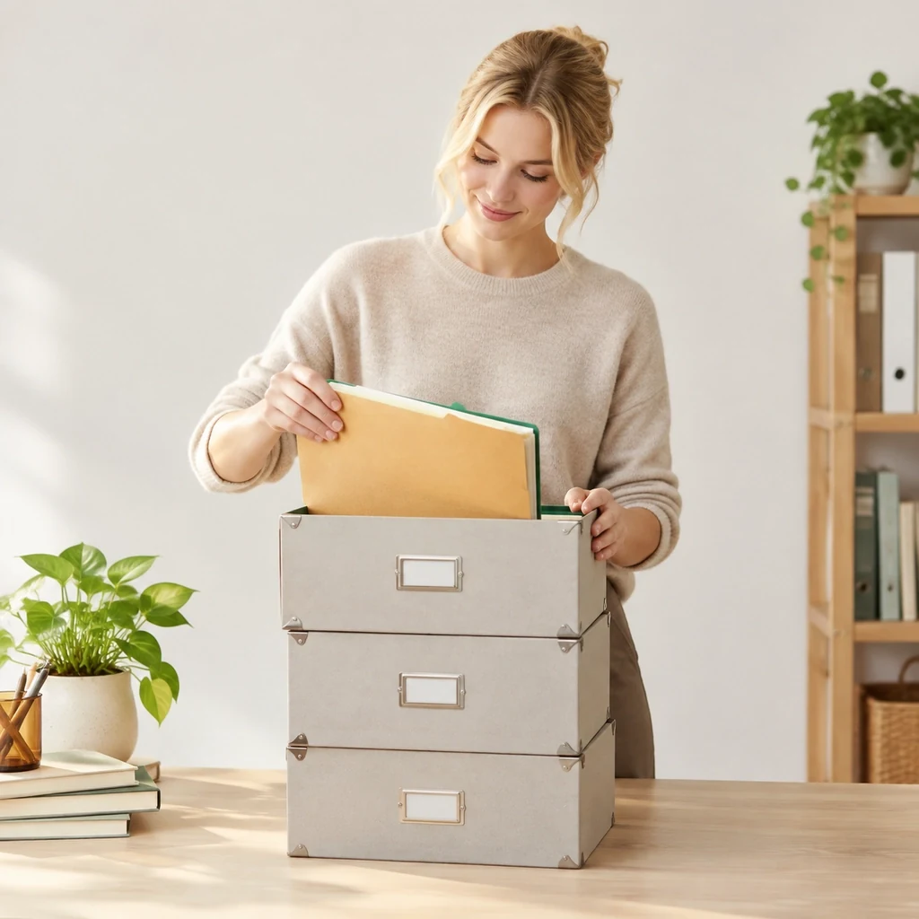 Stacked archive boxes with a folder being lifted from the top one