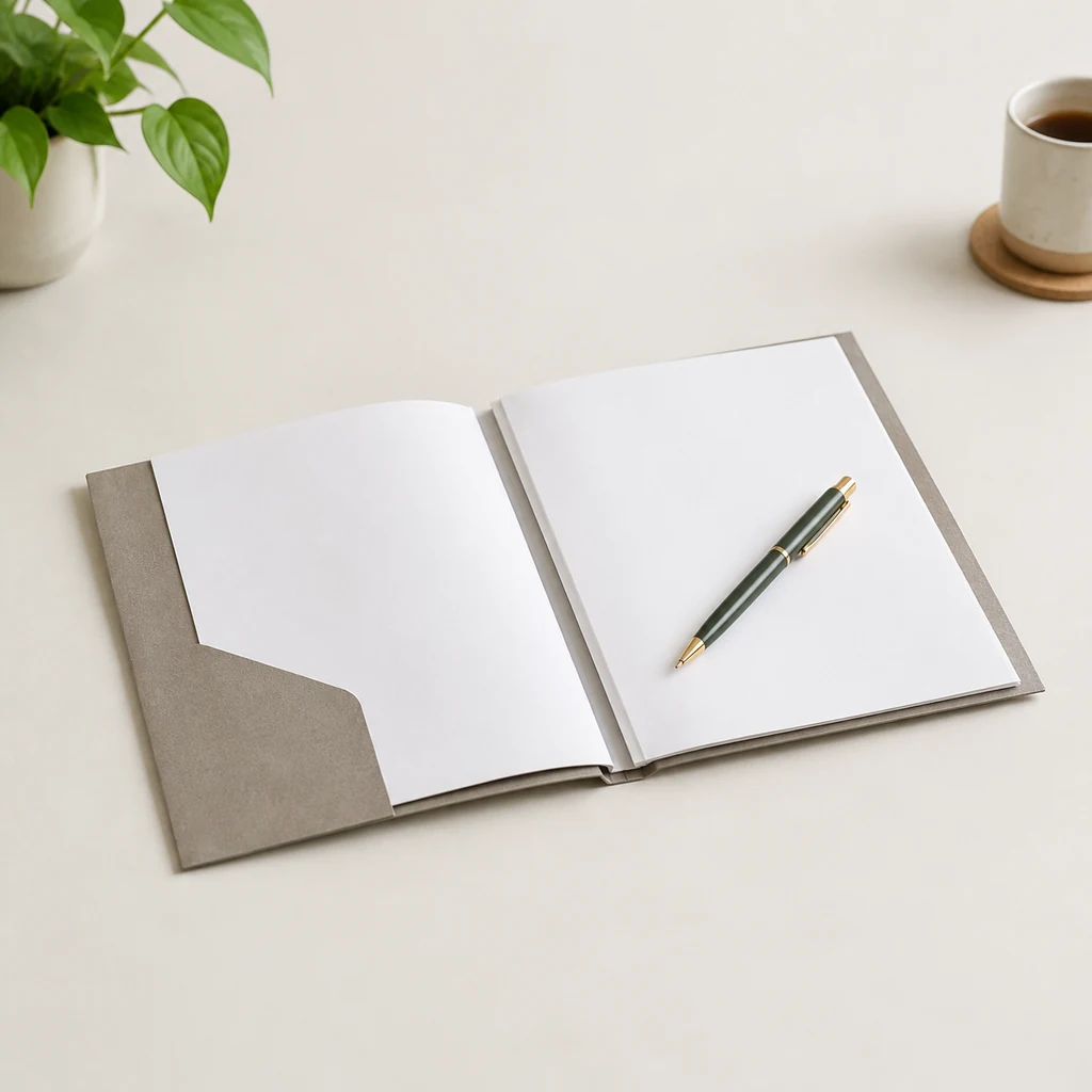A report folder lying flat with blank pages and a pen across it