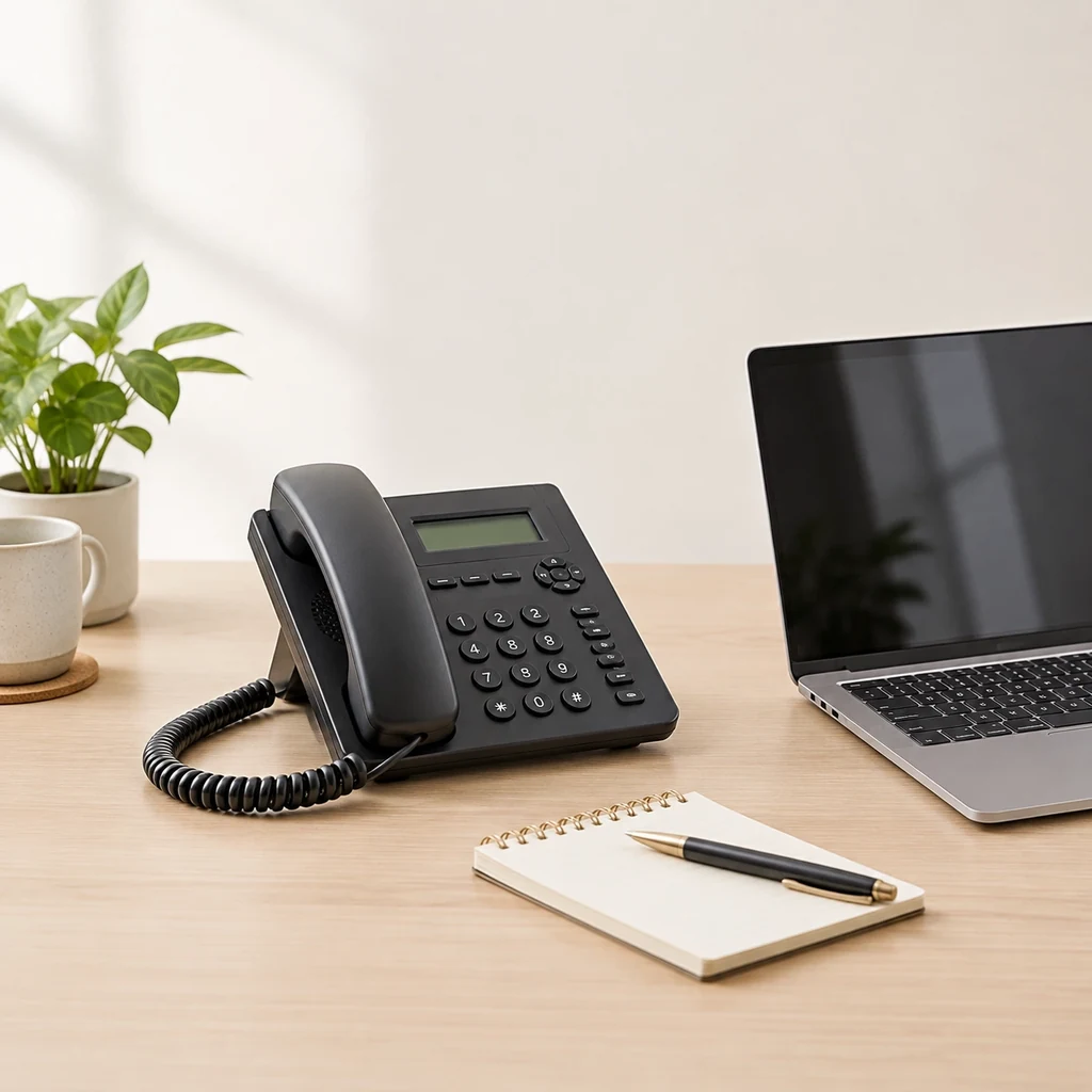 A desk telephone handset and a small notepad beside a laptop