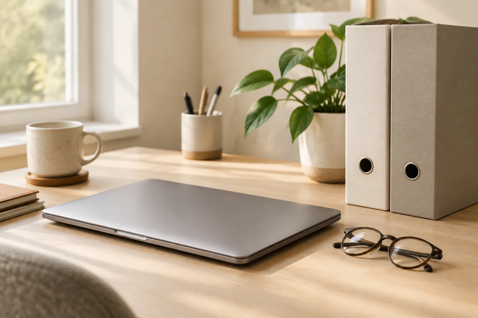 A closed laptop, folded glasses and two upright folders on a warm neutral surface