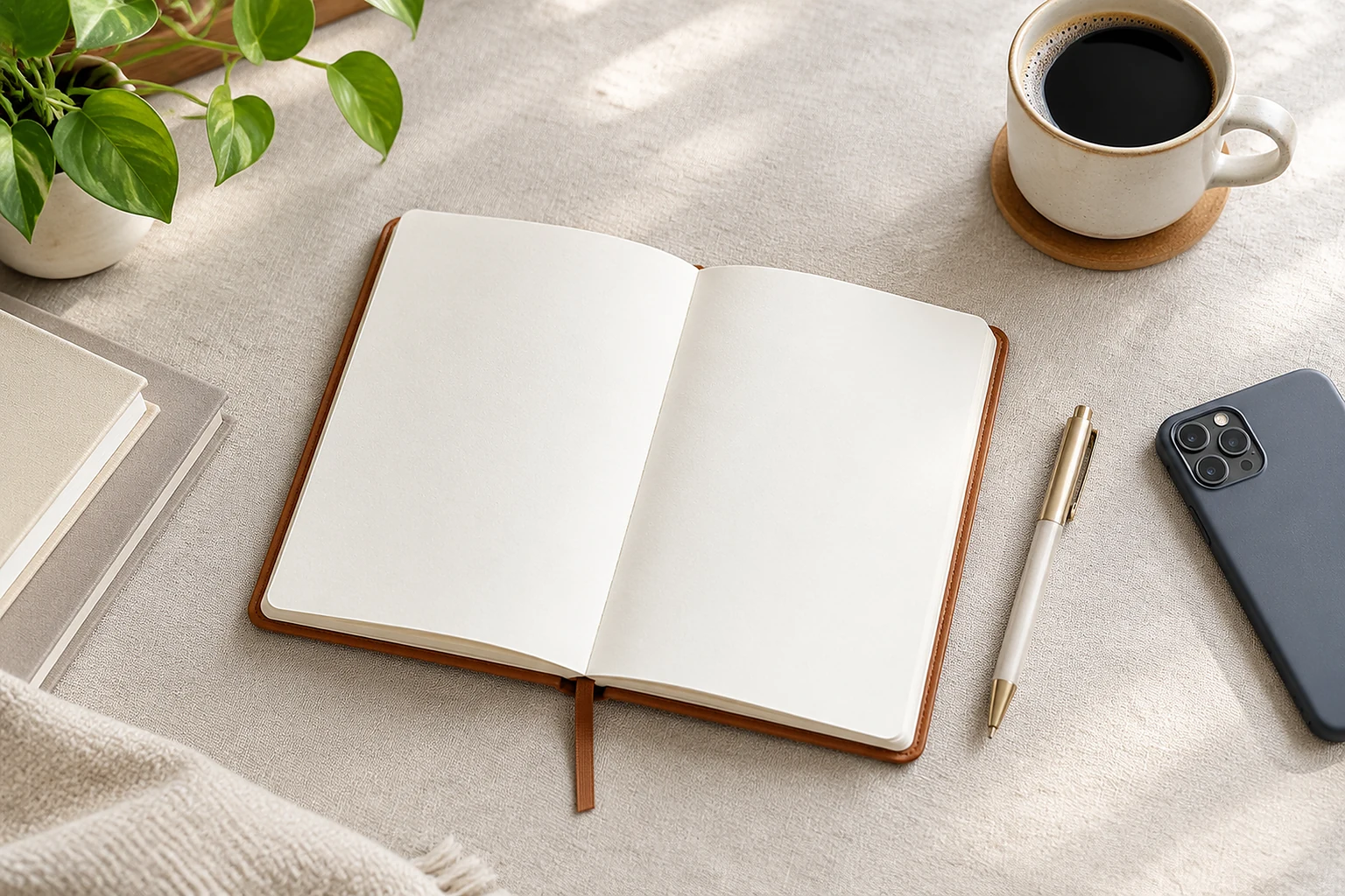Overhead flat lay of an open planner, a pen, a phone and a coffee cup