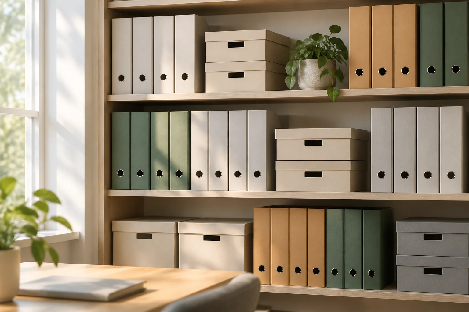 A neatly arranged archive shelf of plain document boxes and ring binders