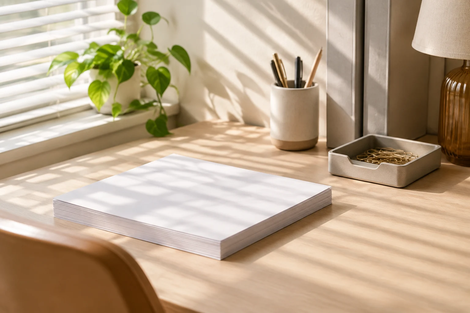 A corner of an organised desk with blank paper and a paperclip tray