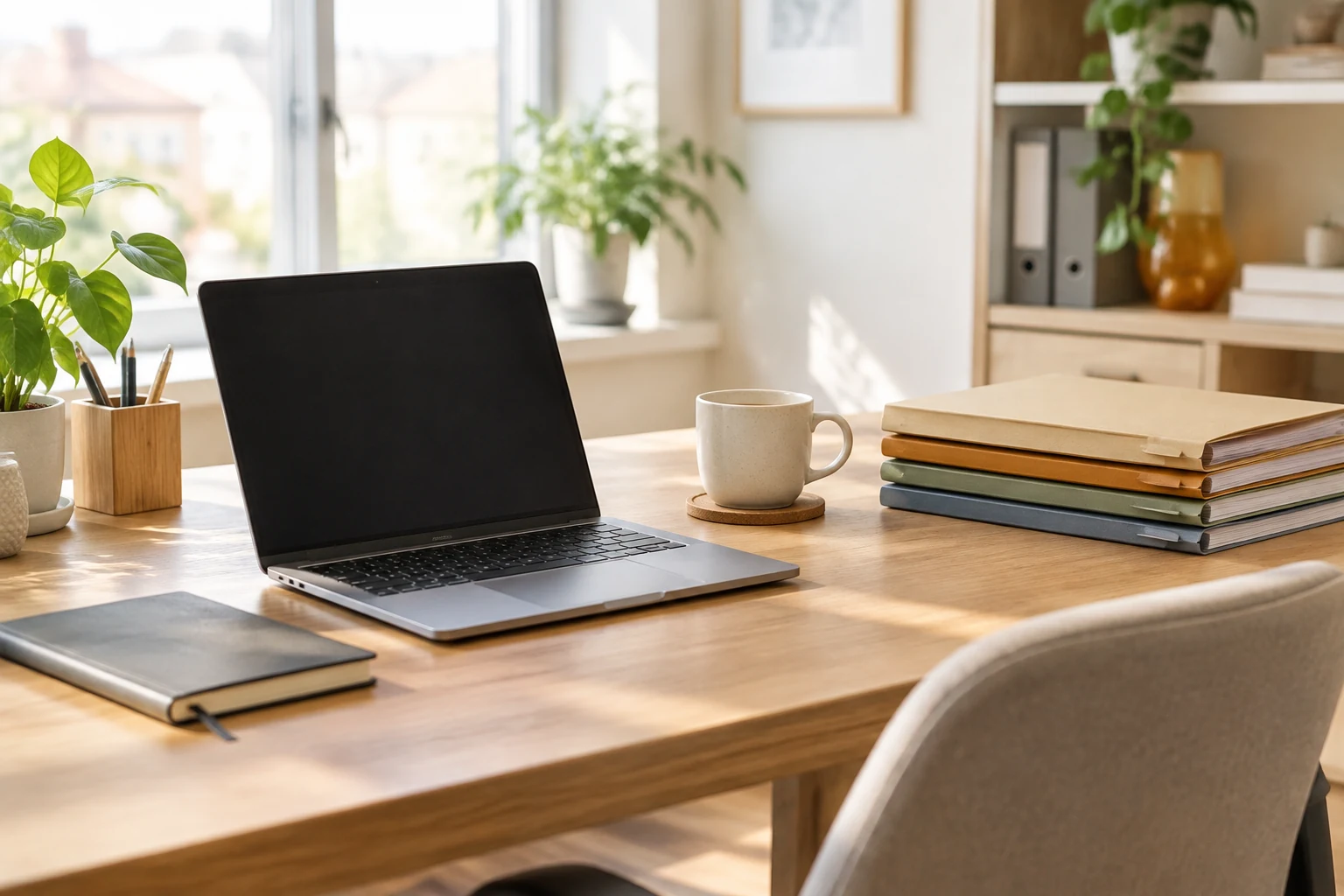 Remote administrator's desk with a laptop, a notebook and a stack of document folders