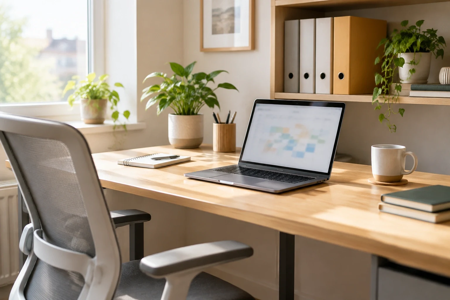 A quiet home-office corner with a desk, a laptop and upright folders on a shelf
