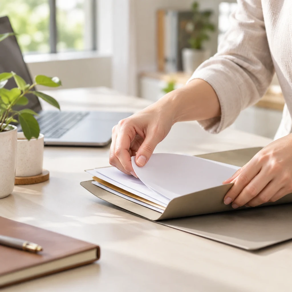 Hands organising documents into a folder